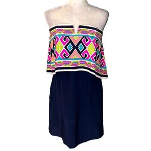 NEW Alice & Trixie Silk Blue Pink Geometric Ruffle Overlay Strapless Dress - S